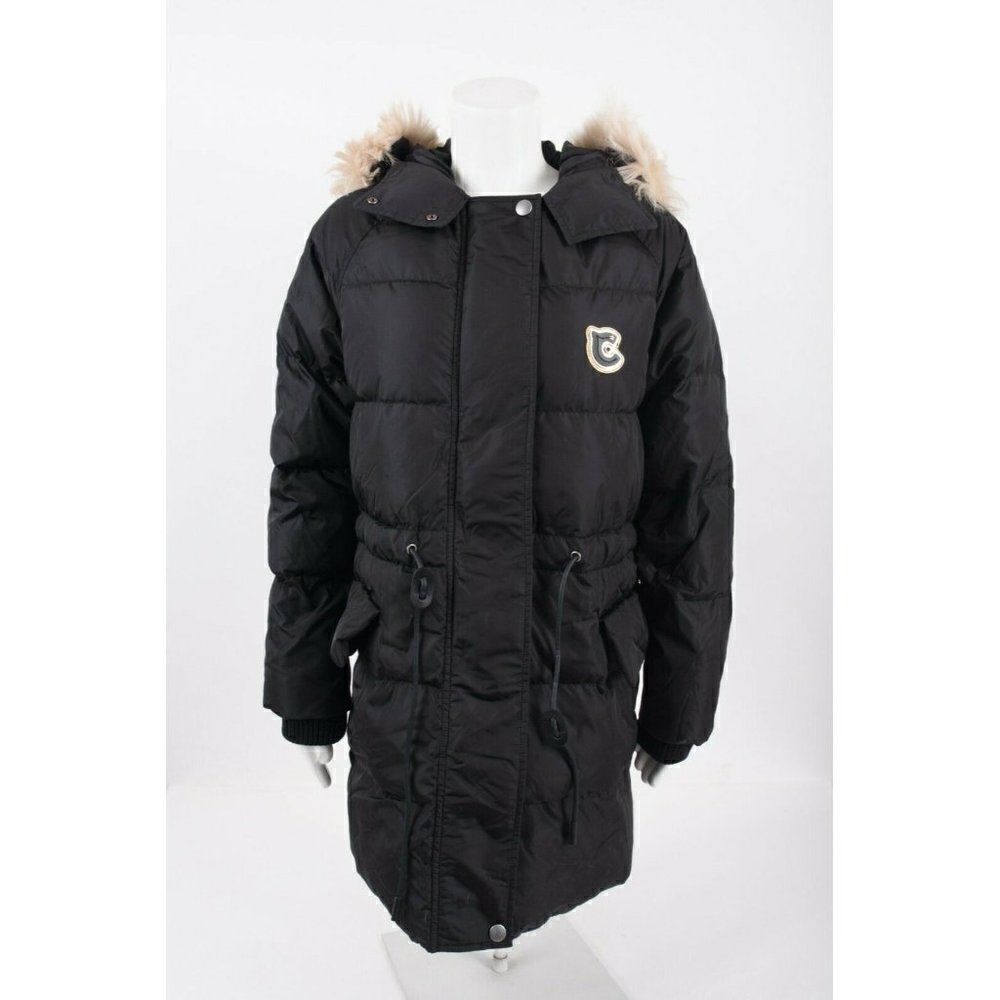 COACH Womens Down Puffer Jacket Coat Black Sz 0 Hooded Lamb Shearling trim NEW